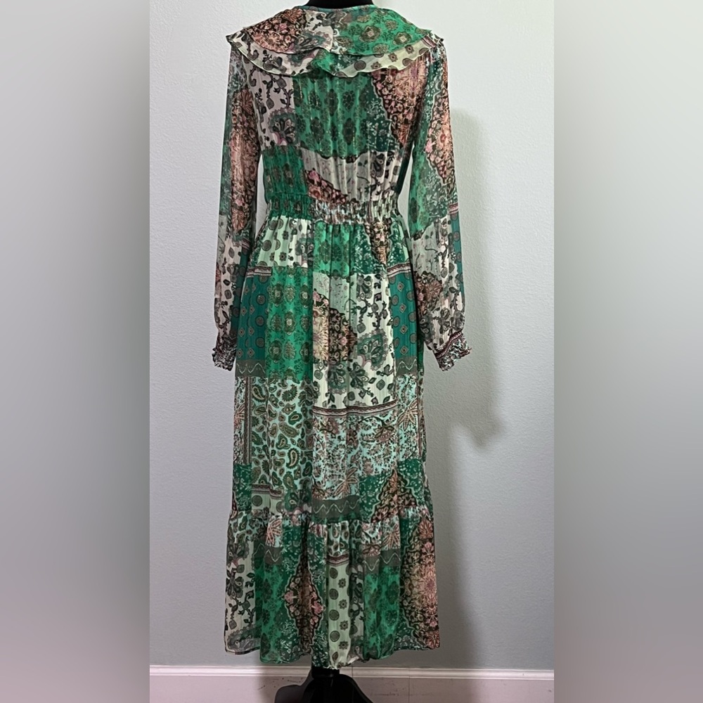 ZARA Long Sleeve Chiffon Semi Sheer Patchwork Lined Maxi Dress- S - Picture 9 of 9